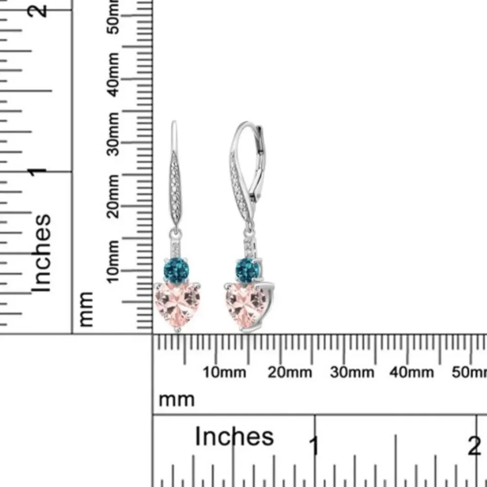 925 Sterling Silver with 3.19Cttw Peach Morganite and Blue Topaz Heart Earrings